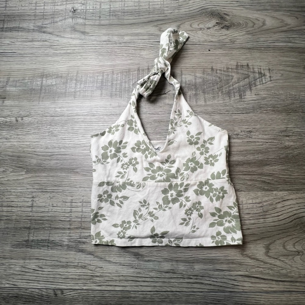 Hollister Halter Top Women M White Green Floral V-Neck Crop Must-Have Collection